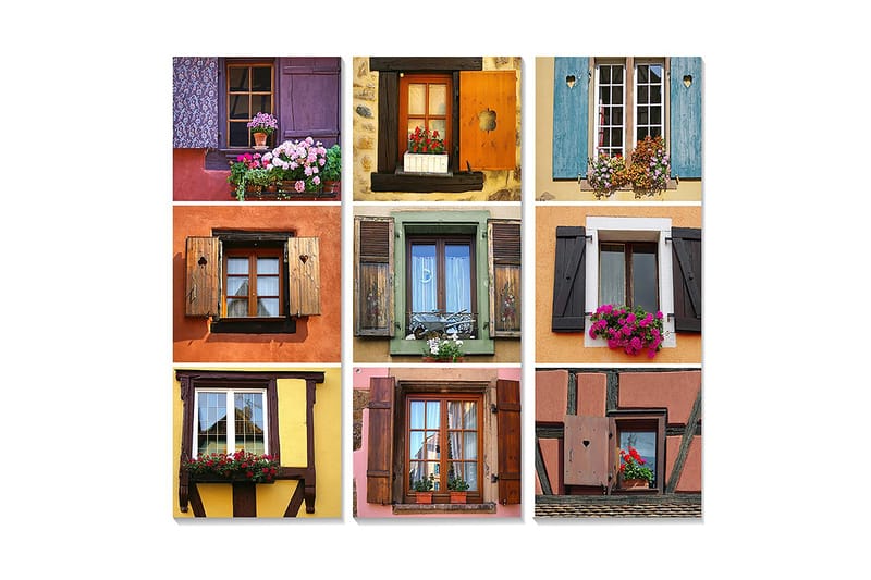 Canvastavla i trä 3-delar 50x70 cm - Färgglada fönster med blommor i olika stil och design, Lila / Orange / Grön