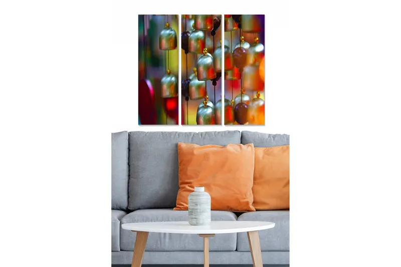 Canvastavla i trä 3-delar 50x70 cm - Färgglada hängande klockor i olika nyanser, Grön / Röd / Gul