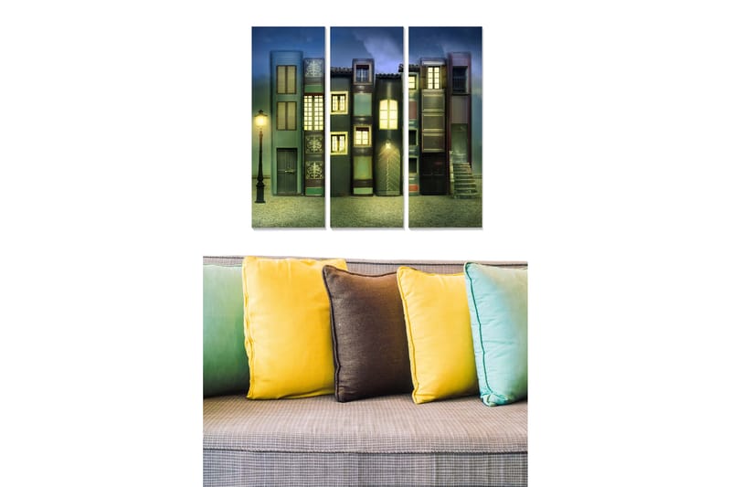 Canvastavla i trä 3-delar 50x70 cm - Färgglada hus med fönster och en gatulampa i en drömlik miljö - Mörkblå / Grön / Röd - Inredning & dekor - Tavlor & konst - Canvastavla