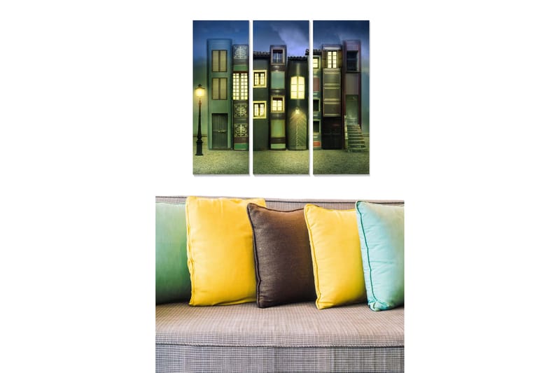 Canvastavla i trä 3-delar 50x70 cm - Färgglada hus med fönster och en gatulampa i en drömlik miljö - Mörkblå / Grön / Röd - Inredning & dekor - Tavlor & konst - Canvastavla