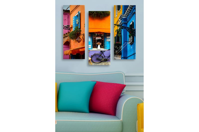 Canvastavla i trä 3-delar 50x70 cm - Färgglada husfasader med cykel och blommor, Orange / Blå / Lila