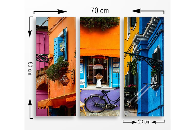 Canvastavla i trä 3-delar 50x70 cm - Färgglada husfasader med cykel och blommor - Orange / Blå / Lila - Inredning & dekor - Tavlor & konst - Canvastavla