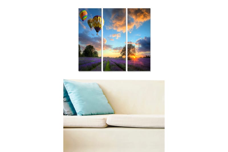 Canvastavla i trä 3-delar 50x70 cm - Färgglada luftballonger sväva över ett lavendelfält vid solnedgången, Lila / Orange / Blå