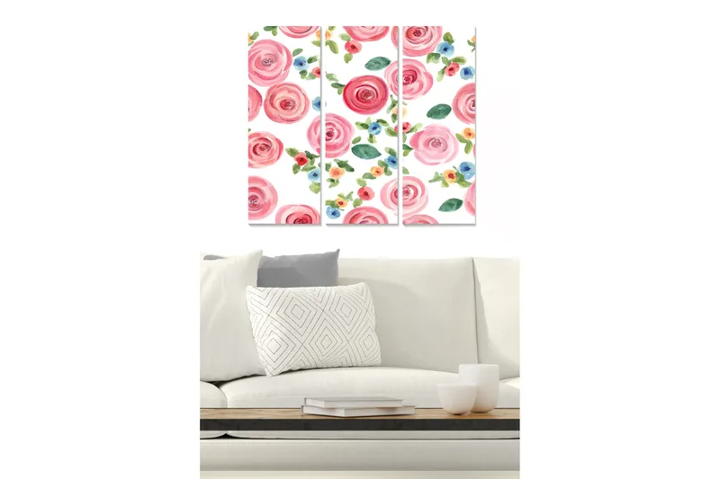 Canvastavla i trä 3-delar 50x70 cm - Färgglada rosor i akvarellstil - Rosa / Grön / Blå - Inredning & dekor - Tavlor & konst - Canvastavla