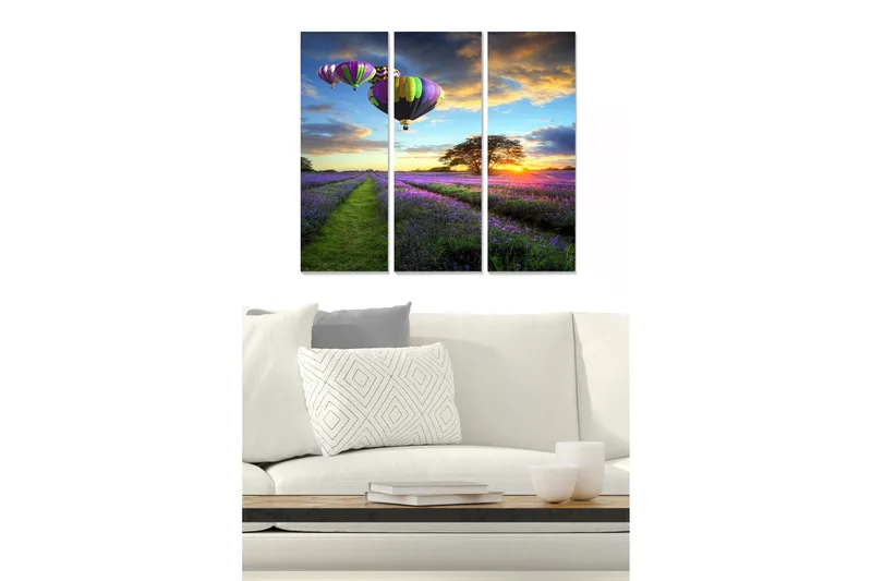 Canvastavla i trä 3-delar 50x70 cm - Färgglada varmluftsballonger över en lavendelfält vid solnedgång - Lila / Grön / Orange - Inredning & dekor - Tavlor & konst - Canvastavla