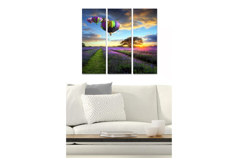 Canvastavla i trä 3-delar 50x70 cm - Färgglada varmluftsballonger över en lavendelfält vid solnedgång - Lila / Grön / Orange - Inredning & dekor - Tavlor & konst - Canvastavla