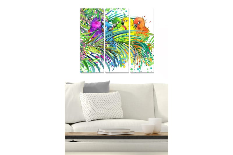 Canvastavla i trä 3-delar 50x70 cm - Färgglada papegojor bland tropiska växter - Grön / Lila / Orange - Inredning & dekor - Tavlor & konst - Canvastavla