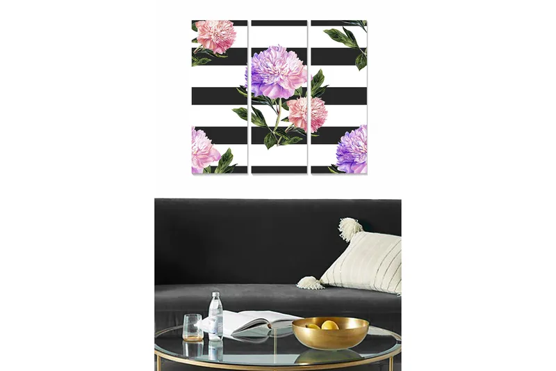 Canvastavla i trä 3-delar 50x70 cm - Färgglada pioner mot en randig bakgrund, Rosa / Lila / Grön