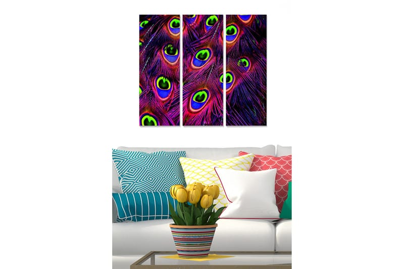Canvastavla i trä 3-delar 50x70 cm - Färgglada påfågelögon i en abstrakt komposition, Lila / Grön / Blå