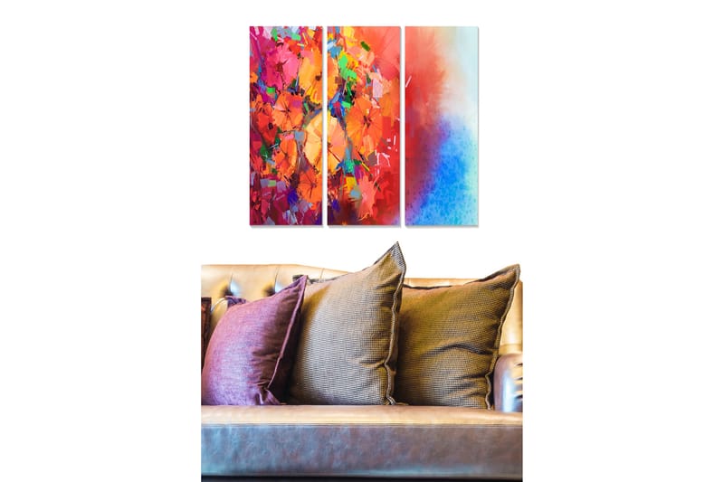 Canvastavla i trä 3-delar 50x70 cm - Färgrik abstrakt komposition med blommor och geometriska former - Röd / Orange / Blå - Inredning & dekor - Tavlor & konst - Canvastavla