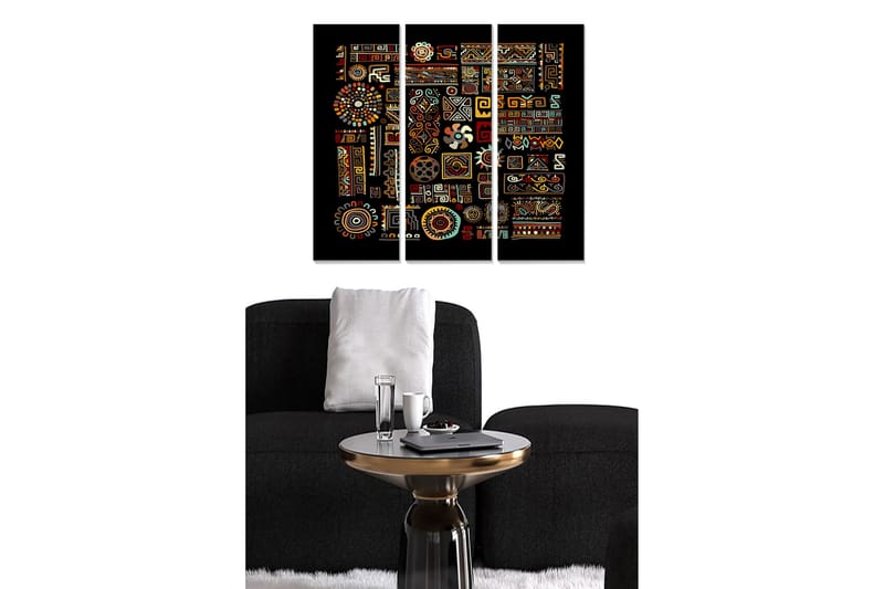 Canvastavla i trä 3-delar 50x70 cm - Färgrik abstrakt komposition med geometriska mönster och symboler, Röd / Gul / Blå