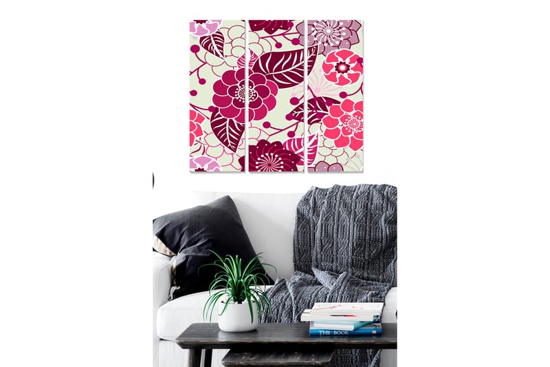 Canvastavla i trä 3-delar 50x70 cm - Färgrik blomsterdesign med stiliserade blommor och blad, Mörkröd / Ljusrosa / Grön