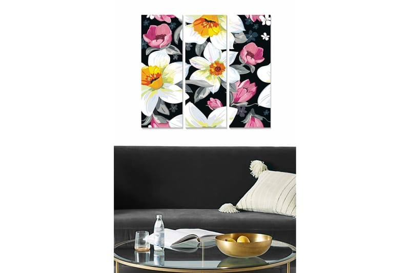 Canvastavla i trä 3-delar 50x70 cm - Färgrik blomsterkomposition med vita och rosa blommor - Vit / Rosa / Gul - Inredning & dekor - Tavlor & konst - Canvastavla