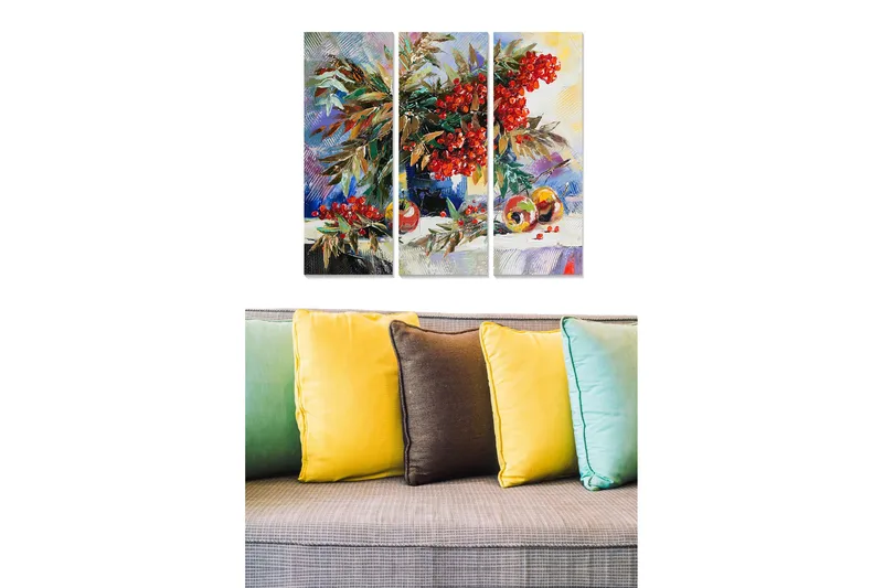 Canvastavla i trä 3-delar 50x70 cm - Färgrik bukett av bär och frukter i en stillhet med naturmotiv - Röd / Grön / Gul - Inredning & dekor - Tavlor & konst - Canvastavla