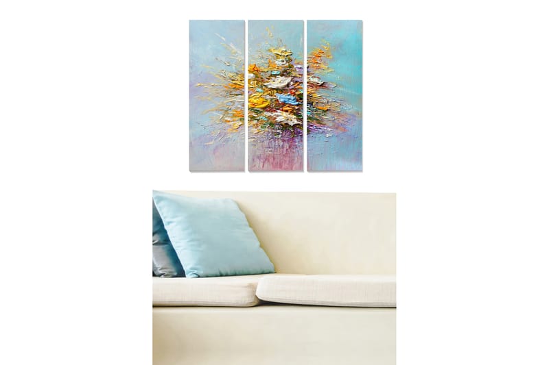 Canvastavla i trä 3-delar 50x70 cm - Färgrik bukett av blommor i abstrakt stil, Gult / Blått / Turkost