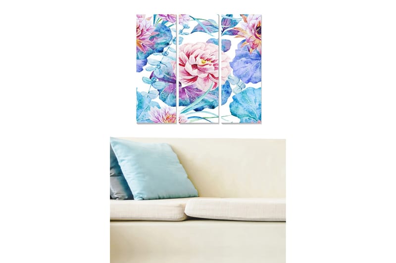 Canvastavla i trä 3-delar 50x70 cm - Färgrik bukett av blommor i akvarellstil - Ljusrosa / Blå / Grön - Inredning & dekor - Tavlor & konst - Canvastavla