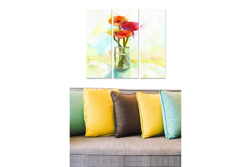 Canvastavla i trä 3-delar 50x70 cm - Färgrik bukett av blommor i en glasvas, Röd / Orange / Grön