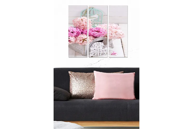 Canvastavla i trä 3-delar 50x70 cm - Färgrik bukett av blommor i en korg, Rosa / Ljusrosa / Grå