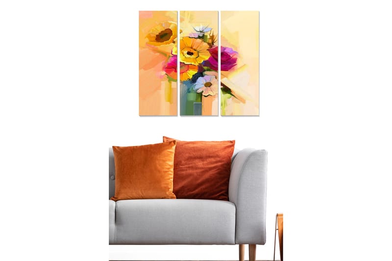 Canvastavla i trä 3-delar 50x70 cm - Färgrik bukett av blommor i en vas - Gul / Rosa / Grön - Inredning & dekor - Tavlor & konst - Canvastavla