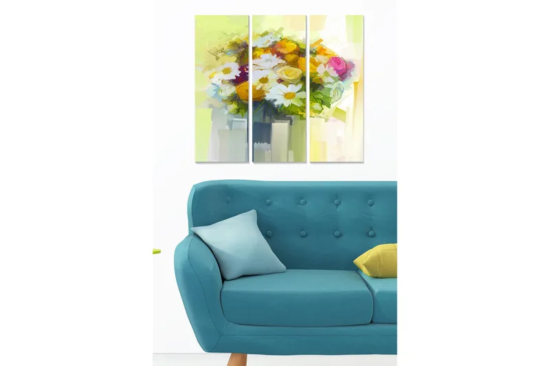 Canvastavla i trä 3-delar 50x70 cm - Färgrik bukett av blommor i en vas - Gult / Grönt / Vitt - Inredning & dekor - Tavlor & konst - Canvastavla