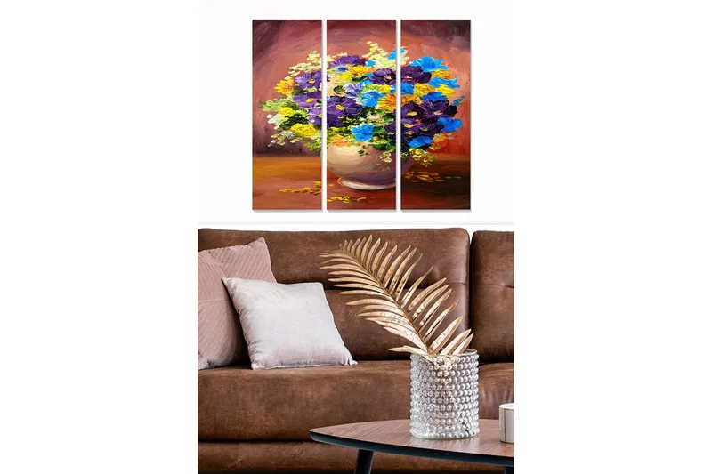 Canvastavla i trä 3-delar 50x70 cm - Färgrik bukett av blommor i en vas, Lila / Blå / Gul