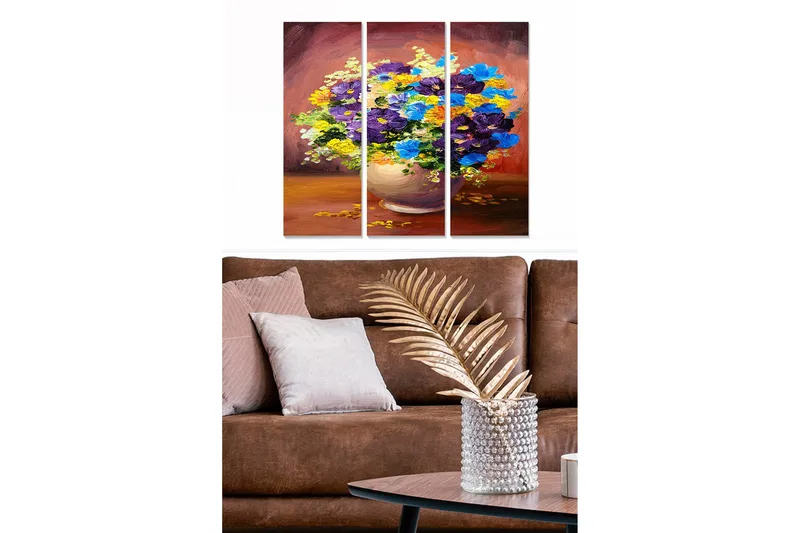 Canvastavla i trä 3-delar 50x70 cm - Färgrik bukett av blommor i en vas, Lila / Blå / Gul