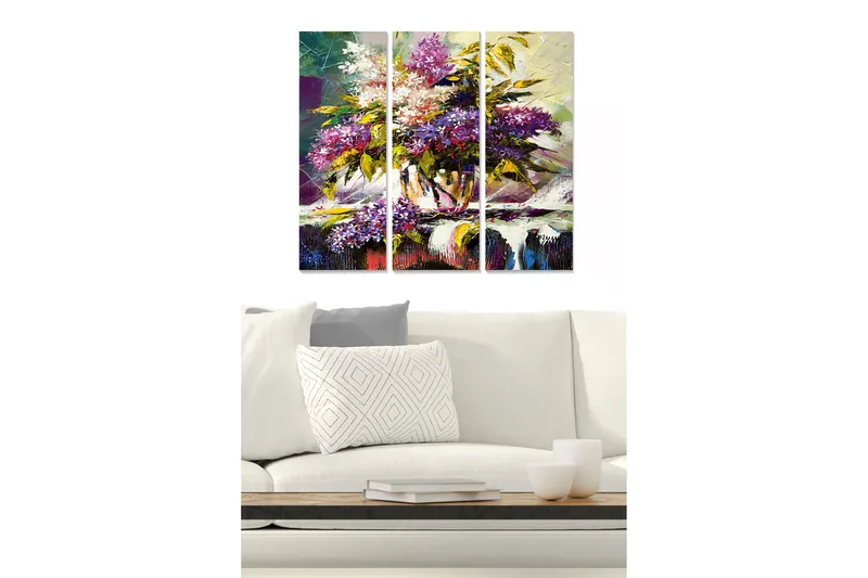 Canvastavla i trä 3-delar 50x70 cm - Färgrik bukett av blommor i en vas, Lila / Grön / Vit
