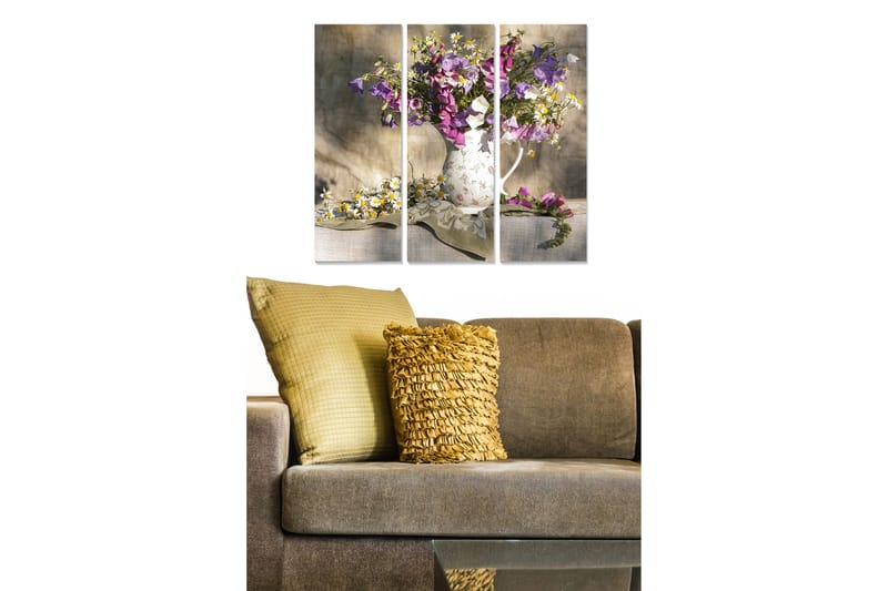 Canvastavla i trä 3-delar 50x70 cm - Färgrik bukett av blommor i en vit kanna - Lila / Vit / Grön - Inredning & dekor - Tavlor & konst - Canvastavla