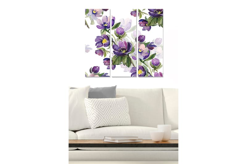 Canvastavla i trä 3-delar 50x70 cm - Färgrik bukett av blommor i lila och grönt - Lila / Grön - Inredning & dekor - Tavlor & konst - Canvastavla