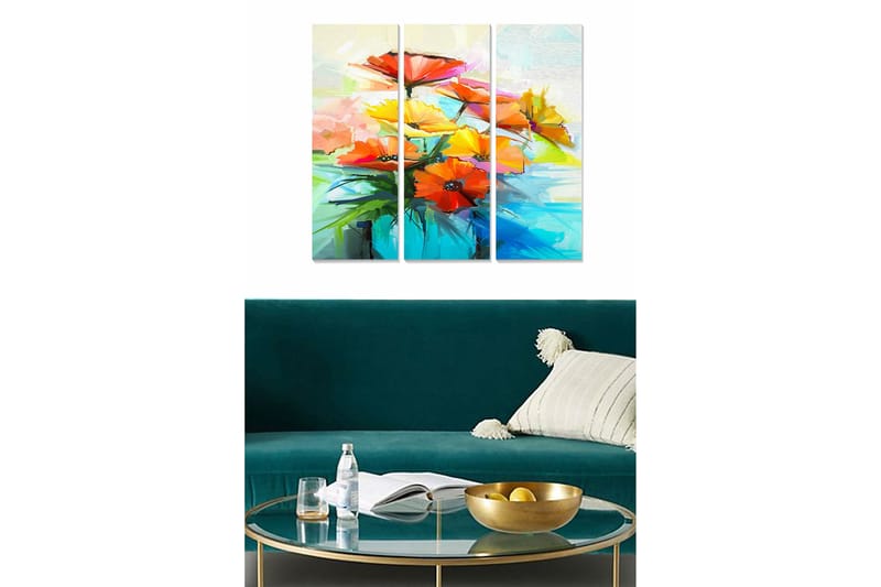 Canvastavla i trä 3-delar 50x70 cm - Färgrik bukett av blommor i livliga nyanser, Röd / Gul / Grön
