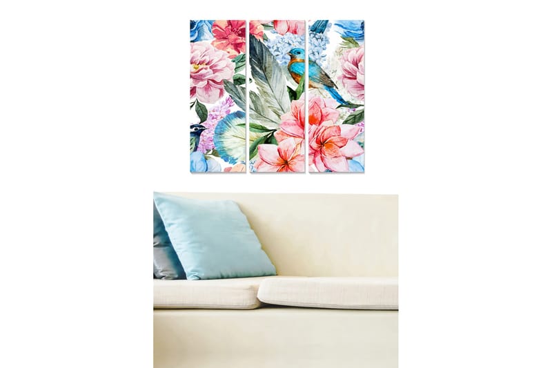 Canvastavla i trä 3-delar 50x70 cm - Färgrik bukett av blommor med en fågel i fokus - Rosa / Blå / Grön - Inredning & dekor - Tavlor & konst - Canvastavla