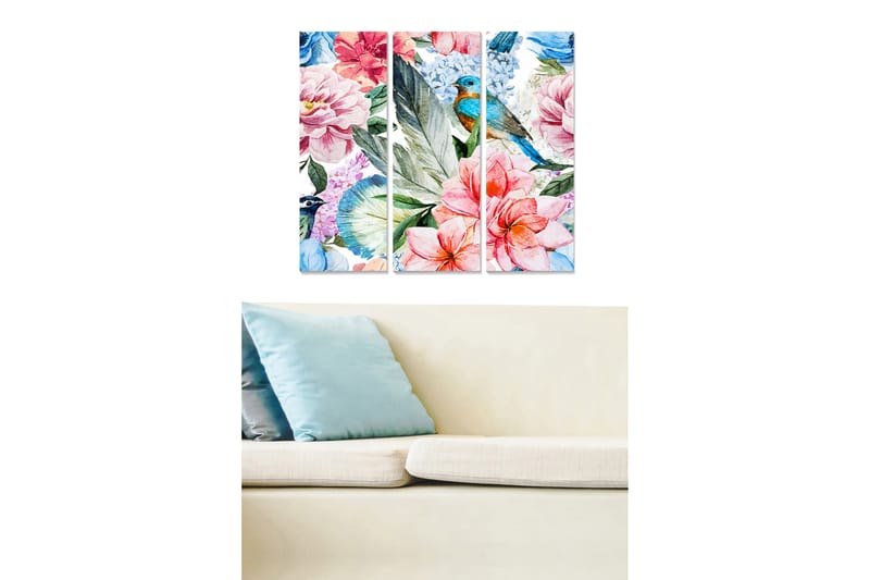 Canvastavla i trä 3-delar 50x70 cm - Färgrik bukett av blommor med en fågel i fokus - Rosa / Blå / Grön - Inredning & dekor - Tavlor & konst - Canvastavla