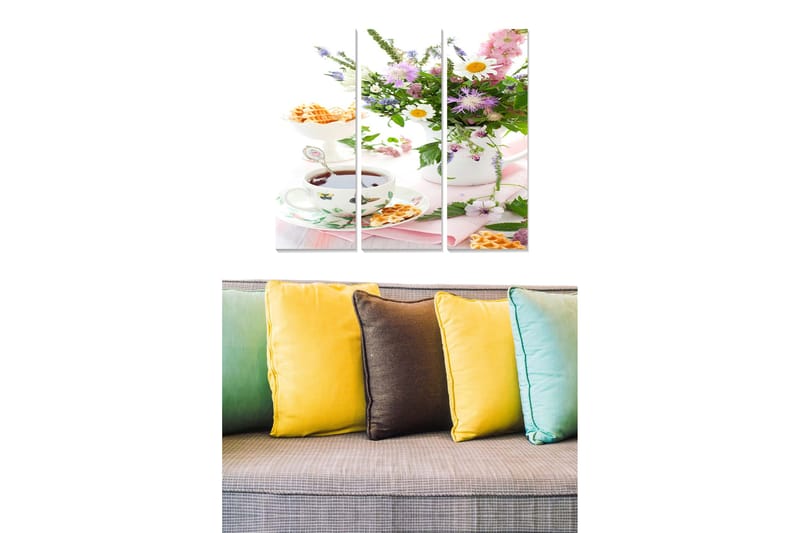 Canvastavla i trä 3-delar 50x70 cm - Färgrik bukett av blommor med en kopp te och vafflor, Lila / Rosa / Grön