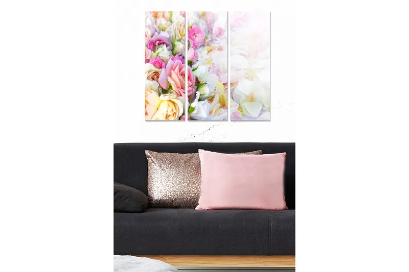 Canvastavla i trä 3-delar 50x70 cm - Färgrik bukett av blommor - Rosa / Gul / Vit - Inredning & dekor - Tavlor & konst - Canvastavla