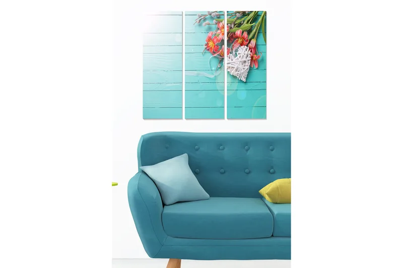 Canvastavla i trä 3-delar 50x70 cm - Färgrik bukett av blommor på en ljusblå bakgrund, Ljusblå / Rosa / Grön