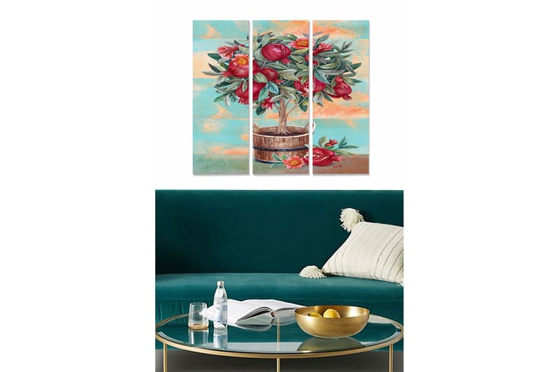 Canvastavla i trä 3-delar 50x70 cm - Färgrik bukett av granatäpplen i en korg - Röd / Grön / Blå - Inredning & dekor - Tavlor & konst - Canvastavla