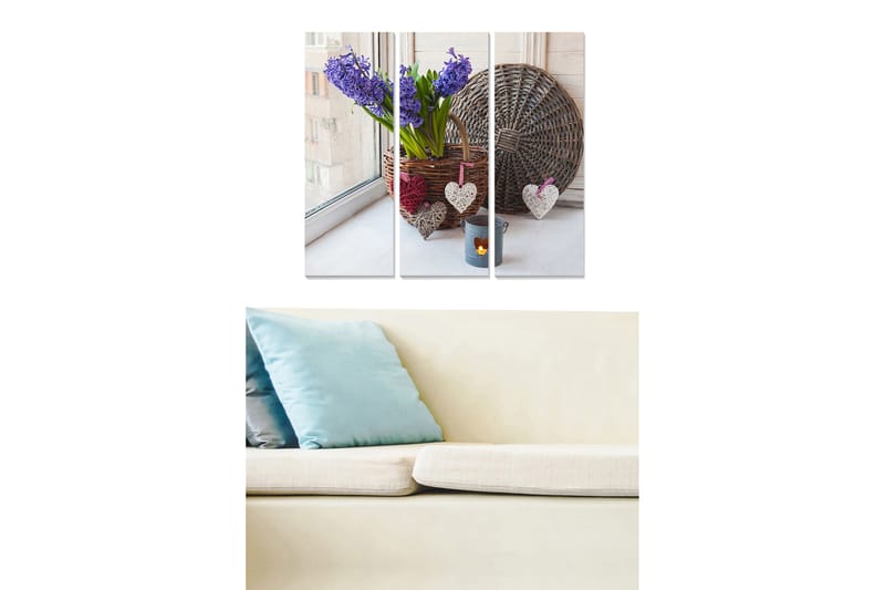 Canvastavla i trä 3-delar 50x70 cm - Färgrik bukett av hyacinter i en korg vid ett fönster - Lila / Grön / Brun - Inredning & dekor - Tavlor & konst - Canvastavla