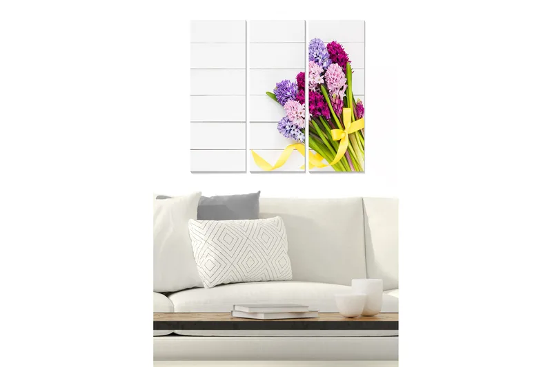 Canvastavla i trä 3-delar 50x70 cm - Färgrik bukett av hyacinter med ett gult band - Lila / Rosa / Grön - Inredning & dekor - Tavlor & konst - Canvastavla
