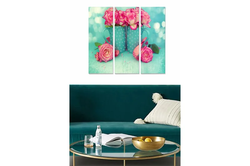 Canvastavla i trä 3-delar 50x70 cm - Färgrik bukett av rosor i en blå kruka, Rosa / Turkos / Grön