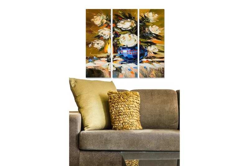 Canvastavla i trä 3-delar 50x70 cm - Färgrik bukett av rosor i en blå vas, Vit / Blå / Guld