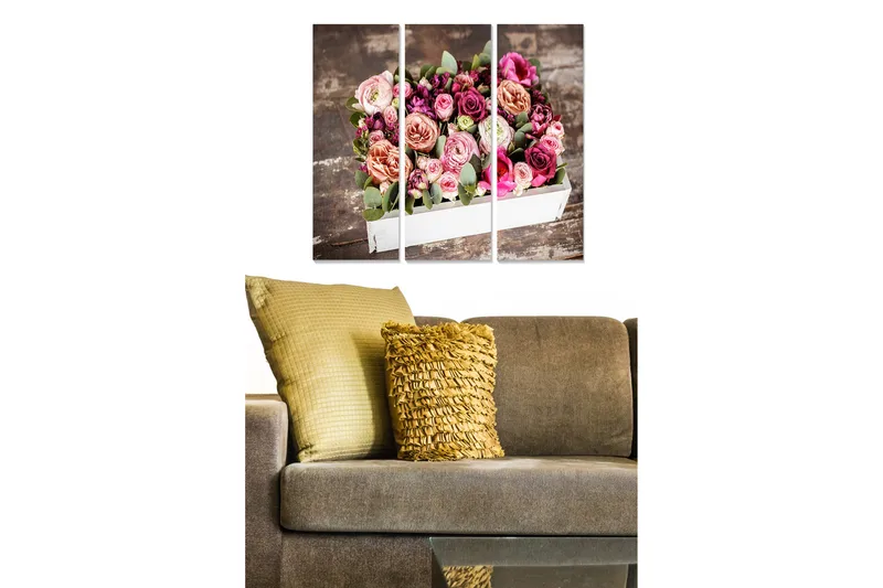 Canvastavla i trä 3-delar 50x70 cm - Färgrik bukett av rosor i en vit låda - Rosa / Grön / Beige - Inredning & dekor - Tavlor & konst - Canvastavla