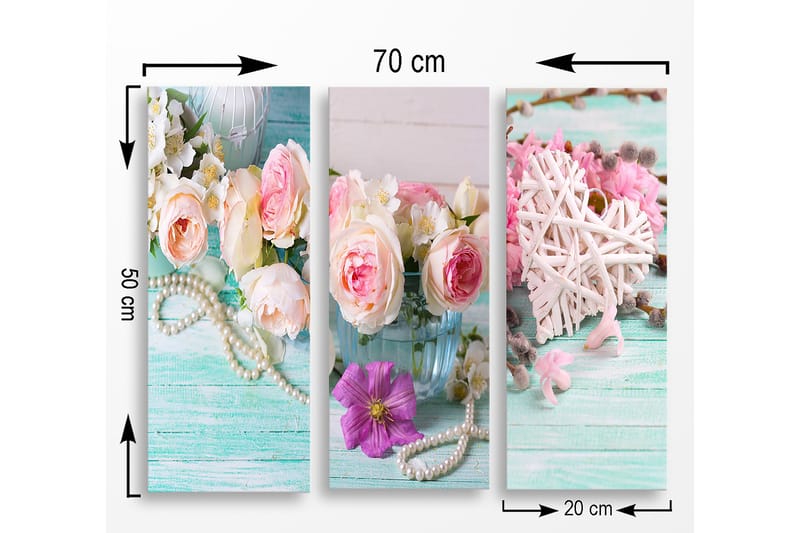 Canvastavla i trä 3-delar 50x70 cm - Färgrik bukett av rosor och blommor i en glasvas - Rosa / Grön / Vit - Inredning & dekor - Tavlor & konst - Canvastavla