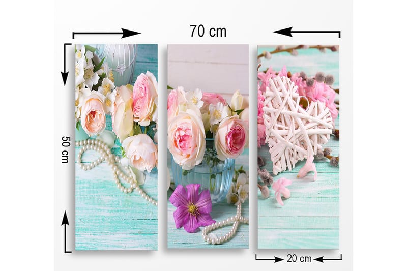 Canvastavla i trä 3-delar 50x70 cm - Färgrik bukett av rosor och blommor i en glasvas - Rosa / Grön / Vit - Inredning & dekor - Tavlor & konst - Canvastavla