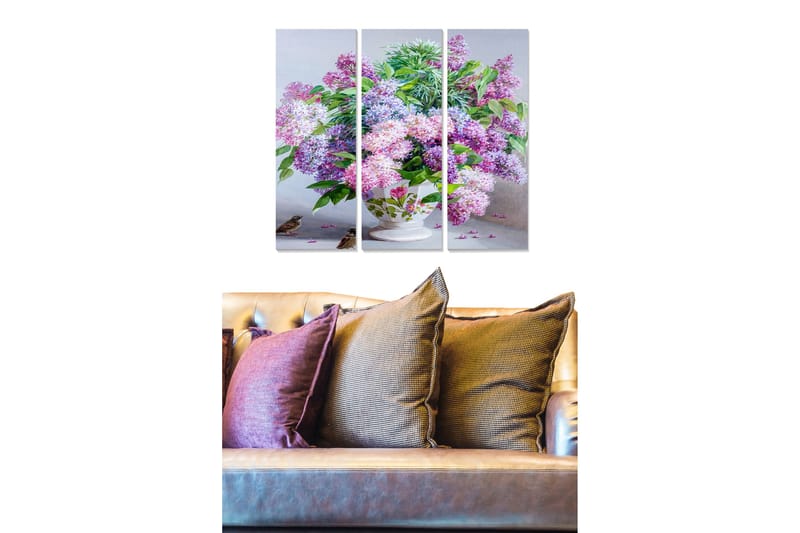 Canvastavla i trä 3-delar 50x70 cm - Färgrik bukett av syrenblommor i en vacker vas, Lila / Grön / Vit