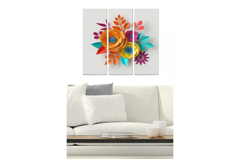 Canvastavla i trä 3-delar 50x70 cm - Färgrik bukett av pappersblommor - Orange / Turkos / Lila - Inredning & dekor - Tavlor & konst - Canvastavla