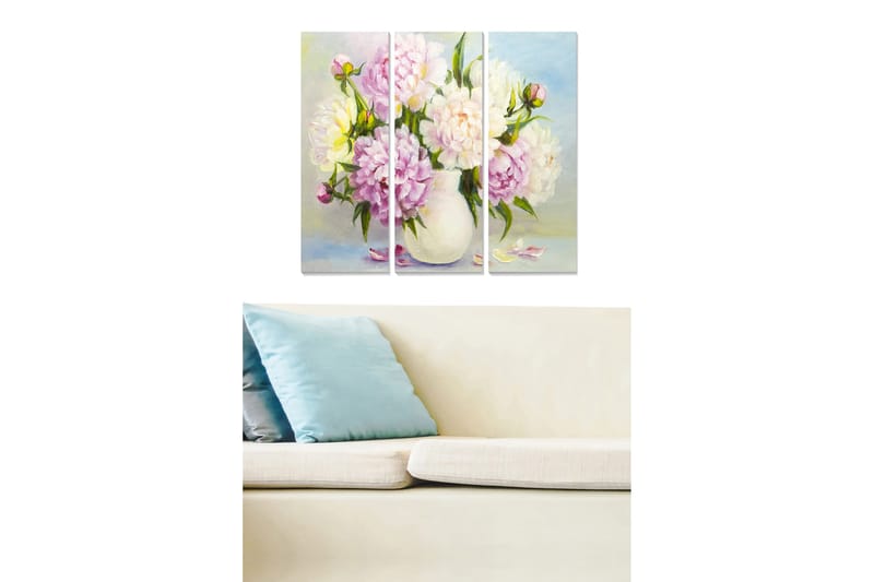 Canvastavla i trä 3-delar 50x70 cm - Färgrik bukett av pioner i en vas, Ljusrosa / Vit / Grön