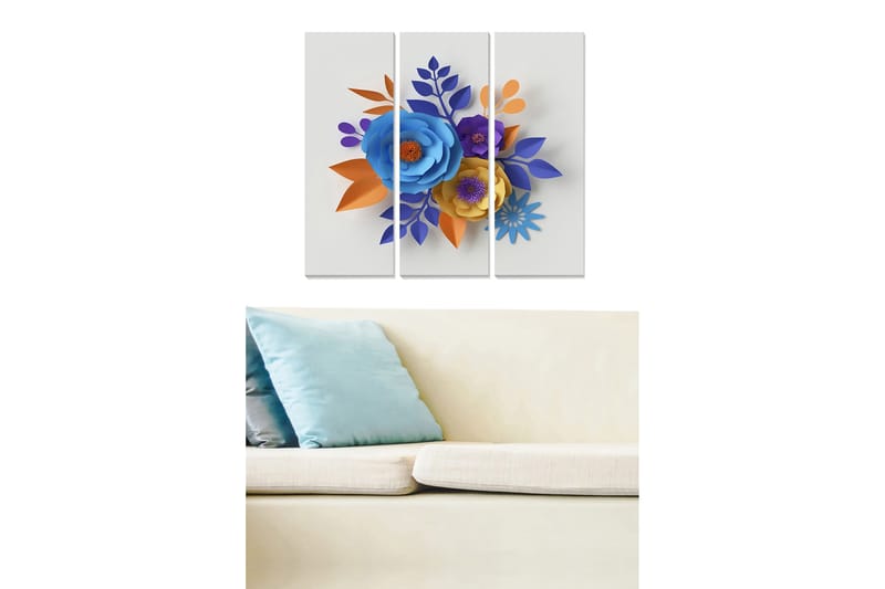 Canvastavla i trä 3-delar 50x70 cm - Färgrik bukett av pappersblommor - Blå / Orange / Lila - Inredning & dekor - Tavlor & konst - Canvastavla