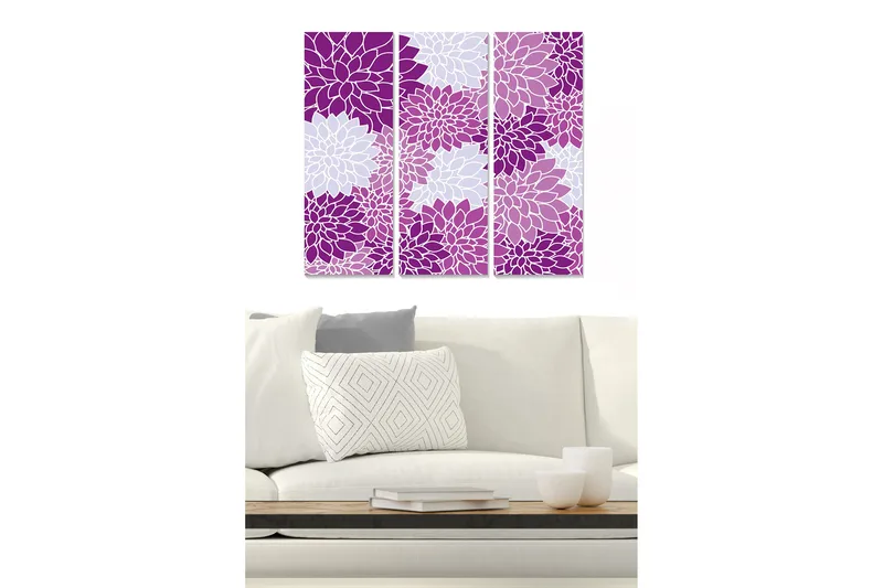 Canvastavla i trä 3-delar 50x70 cm - Färgrik komposition av blommor i lila toner, Lila / Vit
