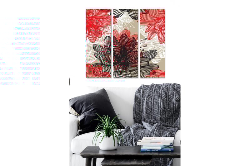 Canvastavla i trä 3-delar 50x70 cm - Färgrik komposition av blommor i olika nyanser - Röd / Svart / Beige - Inredning & dekor - Tavlor & konst - Canvastavla