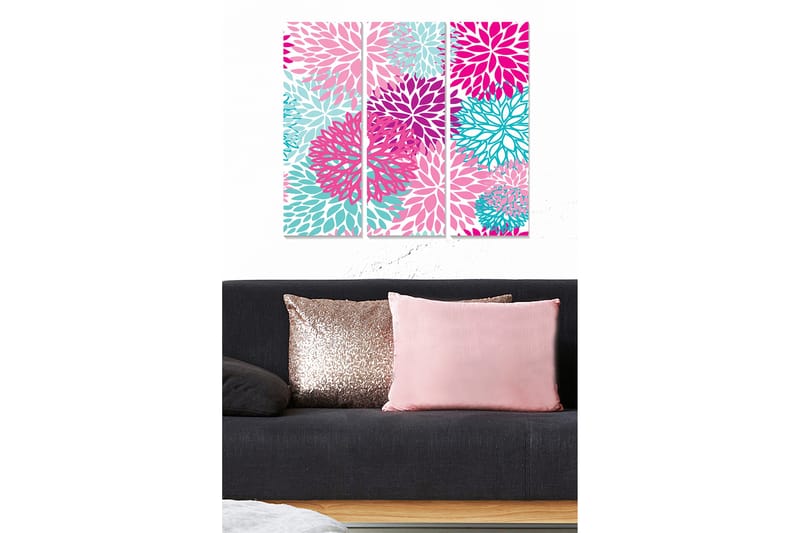 Canvastavla i trä 3-delar 50x70 cm - Färgrik komposition av blommor i olika nyanser, Rosa / Turkos / Lila